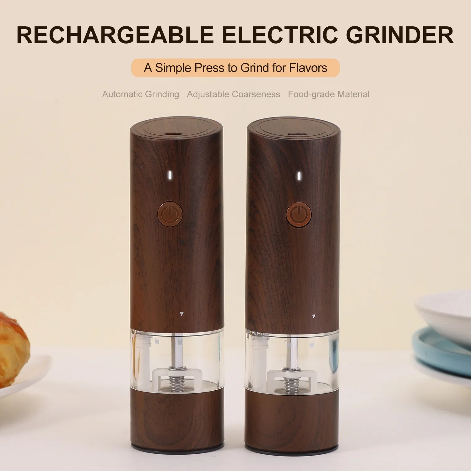 B Wooden Color Electric Salt and Pepper Grinder USB Rechargeable Adjustable Coarseness Refillable Mills Spice Pepper Grinders