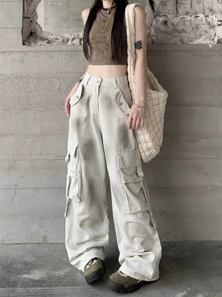 ADAgirl Light Grey Tie Dye Cargo Pants Boyfriend Jeans for Women American Retro Oversize High Streetwear Baggy Pockets Trousers