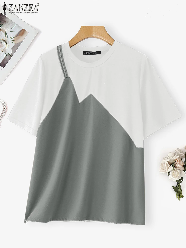 

Vintage Blouse Patchwork Tops Women Blusas Summer Short Sleeve O Neck Tunics 2025 ZANZEA Casual Spliced Pullovers Oversized