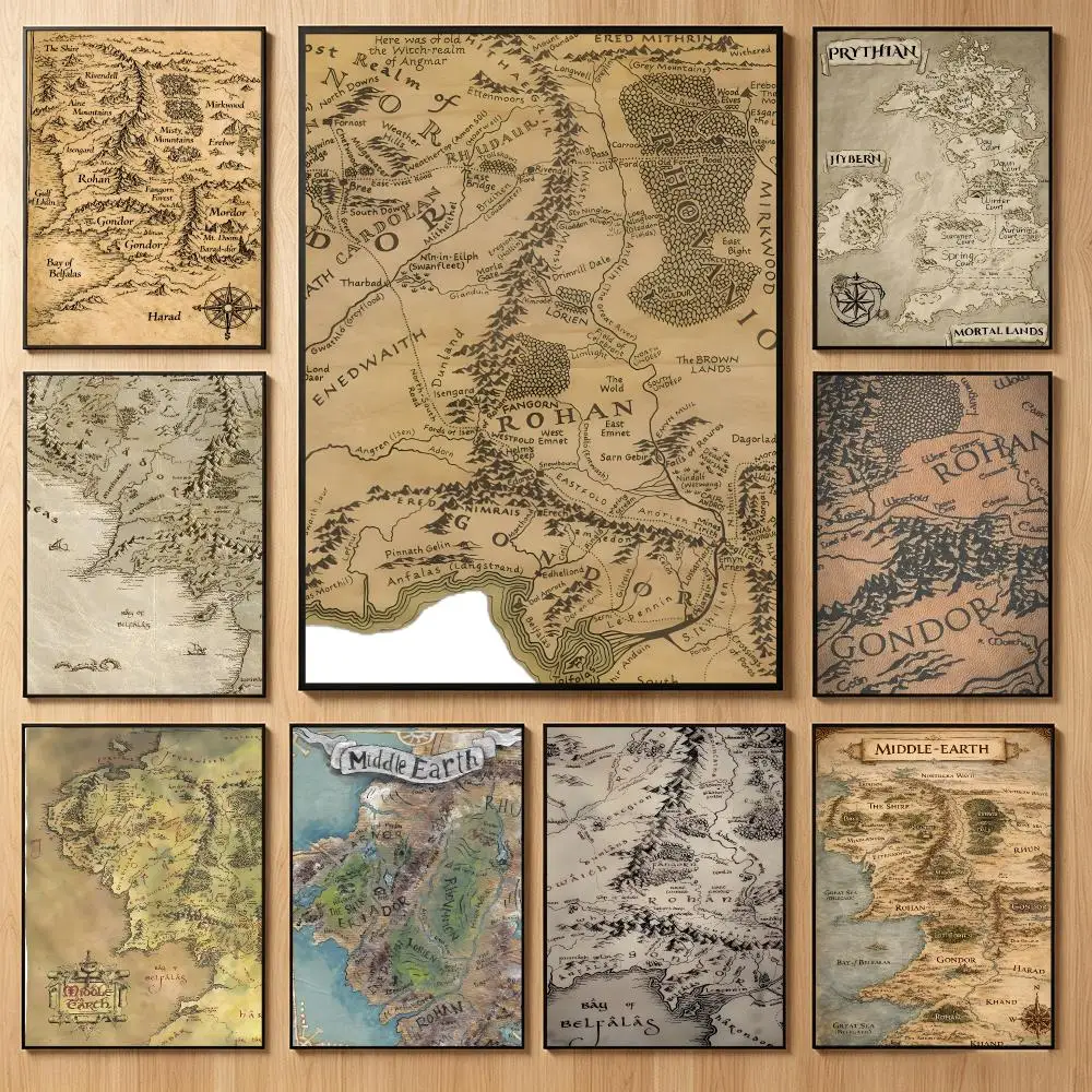 Fantasy Art T-Tolkien Middle-Earth Map Poster Classic Self-Adhesive PP Wall Sticker for Living Room Bar Decor Gift