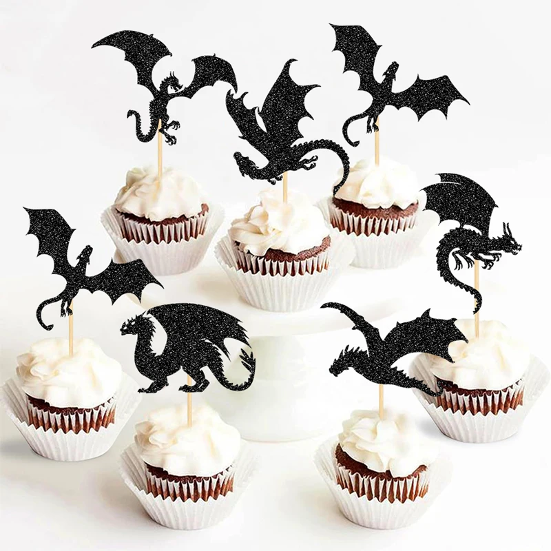 YOMDID 24 Stück Glitzer-Flugdrachen-Kuchenaufsätze, Drachen-Dinosaurier-Cupcake-Topper für Babyparty-Geburtstagstorten-Dekorationen – Detail 13