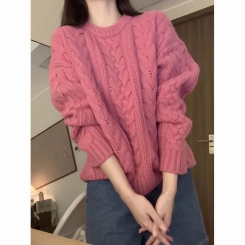 

Winter Top Korean Retro Twisted Sweater Women Loose Lazy Style Small Audience Twist Knitwear Thickened Crew Neck Pullover