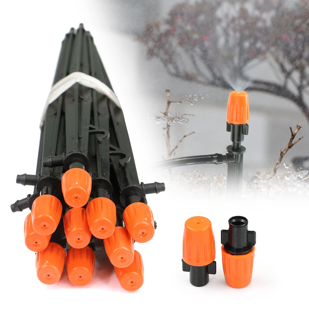 

10PCS Adjustable Garden Irrigation Orange Spray Nozzle Micro Dripper Misting System Adjustable Atomizing Sprinkler Nozzle Holder