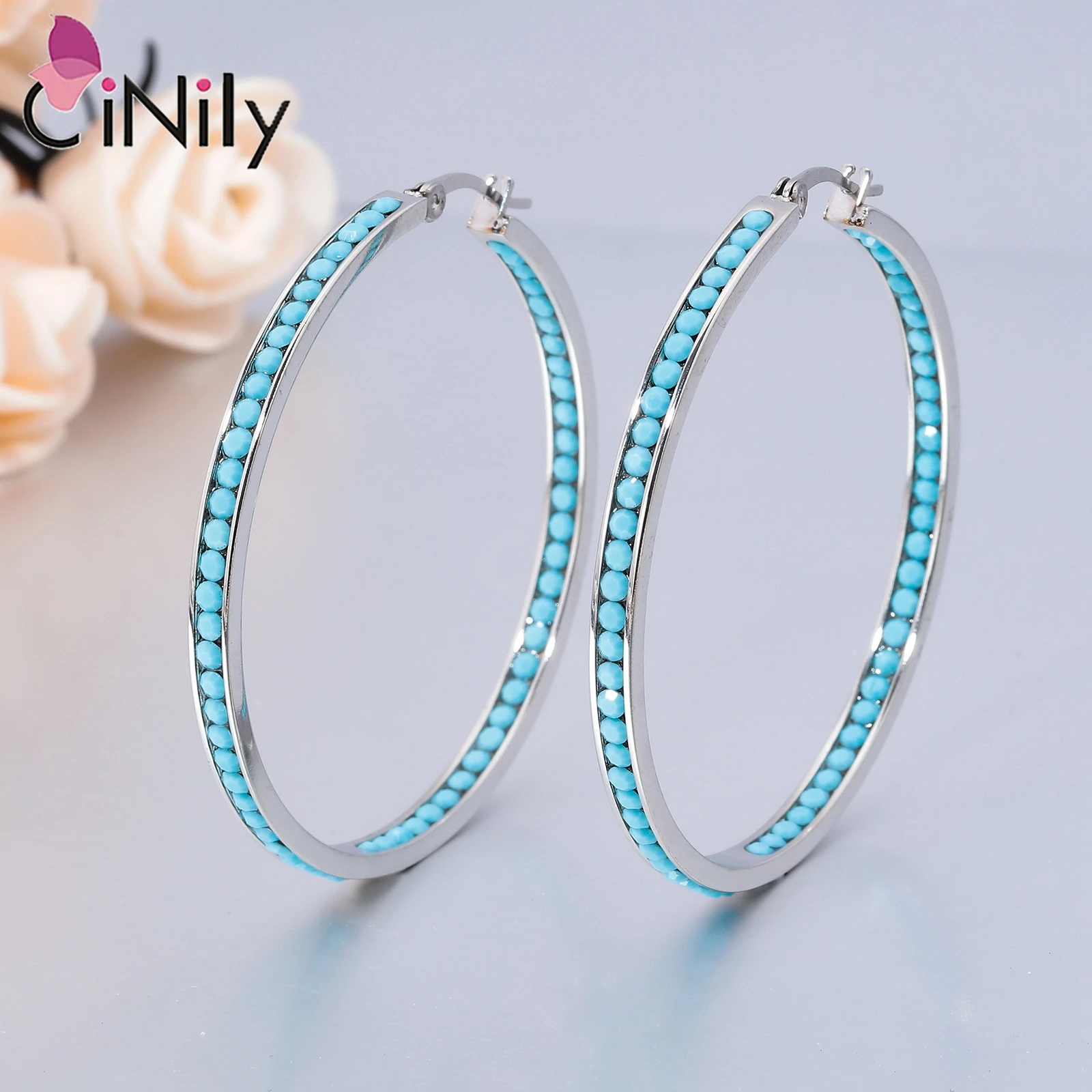 CiNily Silver Plated Gold/Blue Turquoise CZ Crystal Hoop Earrings for Women Stainless Steel Summer Party Jewelry Gift for Girls