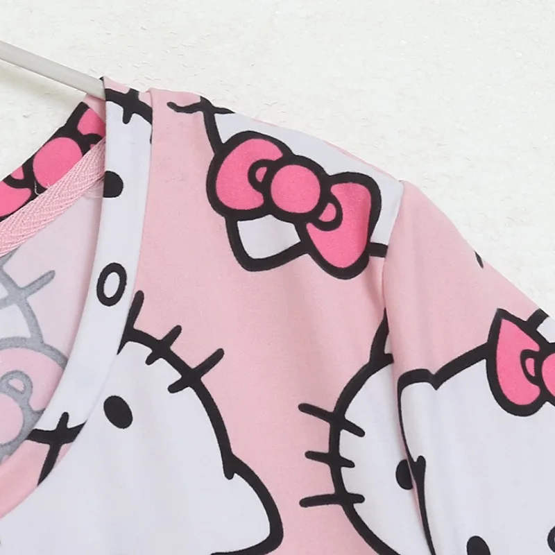 New Summer Hello Kitty Girl Short Sleeves Pajamas Anime Kawaii Women Soft Skin-friendly Loose Nightgown Dress Outdoor Skirt Gift