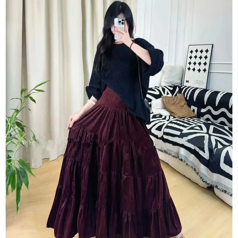 Autumn Feminine Solid Color Patchwork Maxi Skirt Korean Women High Waist A-line Long Skirts Spring Ladies Fishtail Pleated Skirt