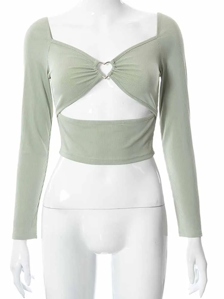 Hollow-Out V-Neck Crop Tops for Women, Long Sleeve, Slim Ribbed T-Shirts, Backless Tee, Casual Fashion, Spring and Fall