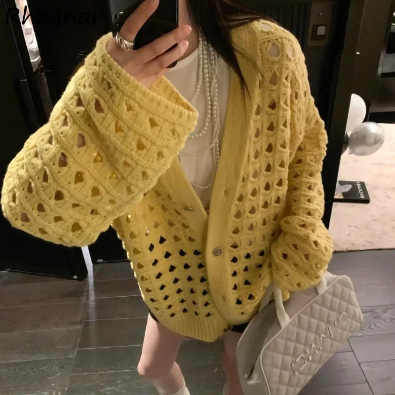 

Solid Cardigan Women Korean Style Hollow Out Baggy Soft Knitted Retro Single Breasted Design Sweater Streetwear Autumn Casual