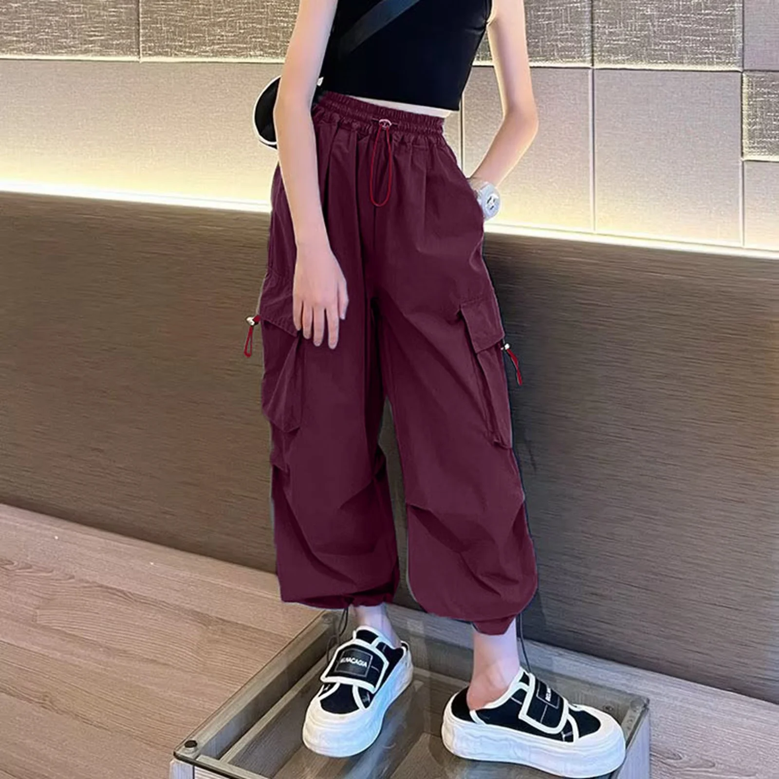 Girls Casual Cargo Pants Kids Solid Colour Sweatpants Children Vintage Streetwear Hip Hop Pants New Elastic Waist Baggy Trousers