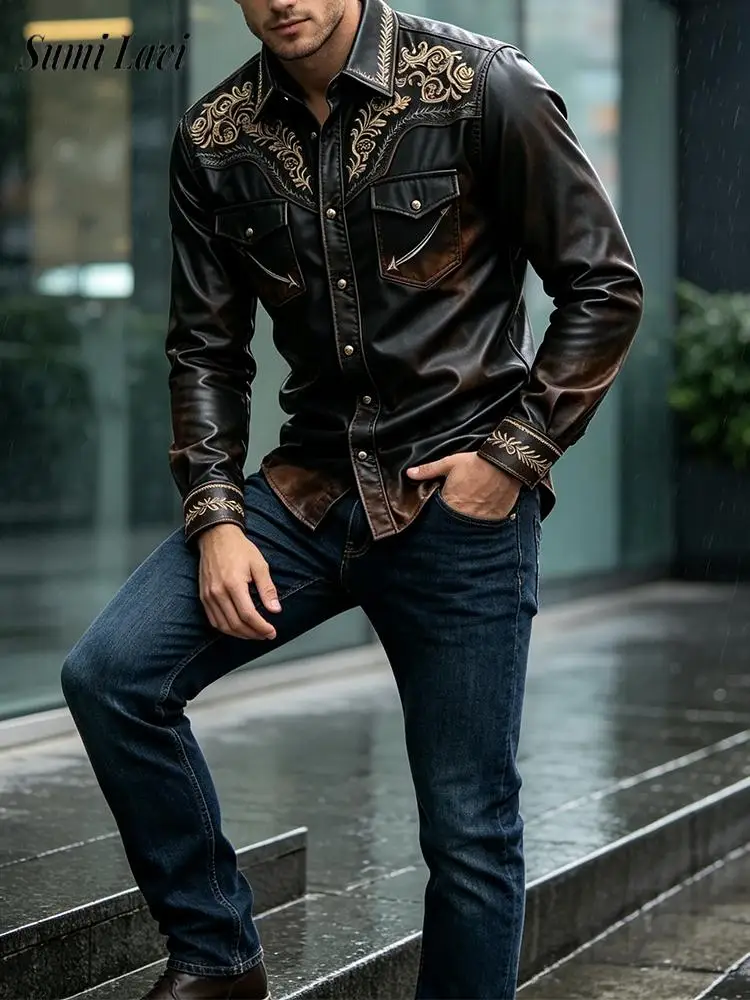 Vintage Men Long Sleeve Leather Shirt 2026 Autumn Vintage Washed Embroidery Turn-down Collar Daily Casual Mens Trendy Tops Men