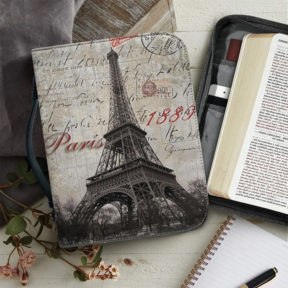 

Women's Bible Cover Case Trendy New Paris Eiffel Tower Pattern Print Leather Handbags Zipper Handle Study Book Holy Storage Boxe