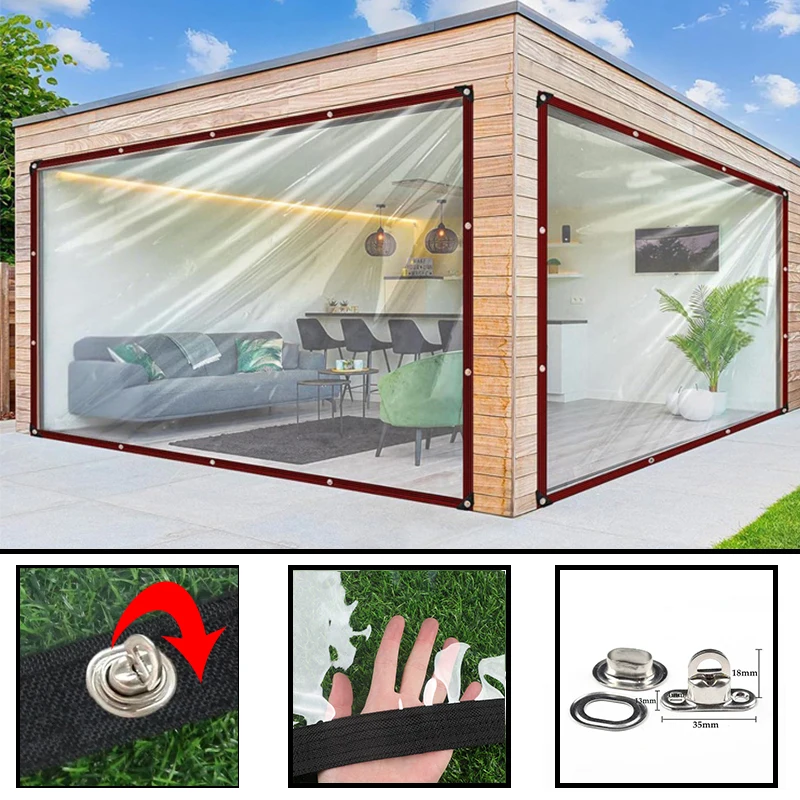 

Outdoor Pergola Clear Tarp Curtain with Twist Lock Detachable Window See Though Rainproof Cloth Heavy Duty Transparent Tarpaulin