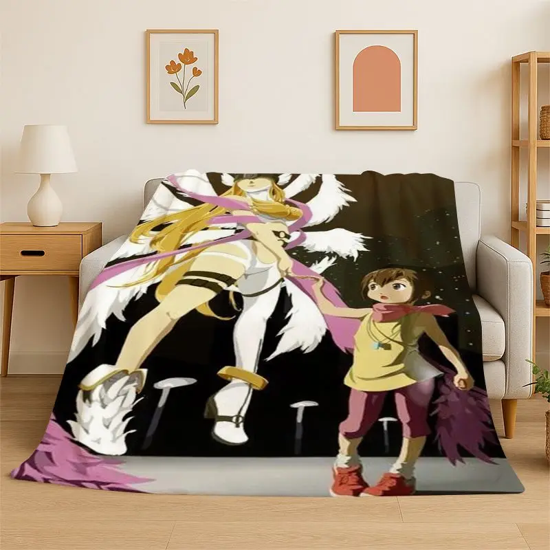Digimon Adventure Angewomon Agumon Cartoon Flannel Blanket Soft Warm Throw Blanket for Bedroom Living Room Bed Travel Picnic
