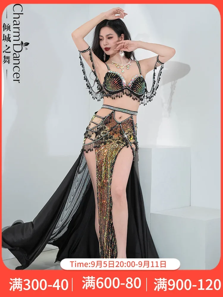 

Новый наряд для танца живота Qingcheng с вышивкой блестками, комплект с хрустальными бусинами, одежда для восточного танца с кисточками