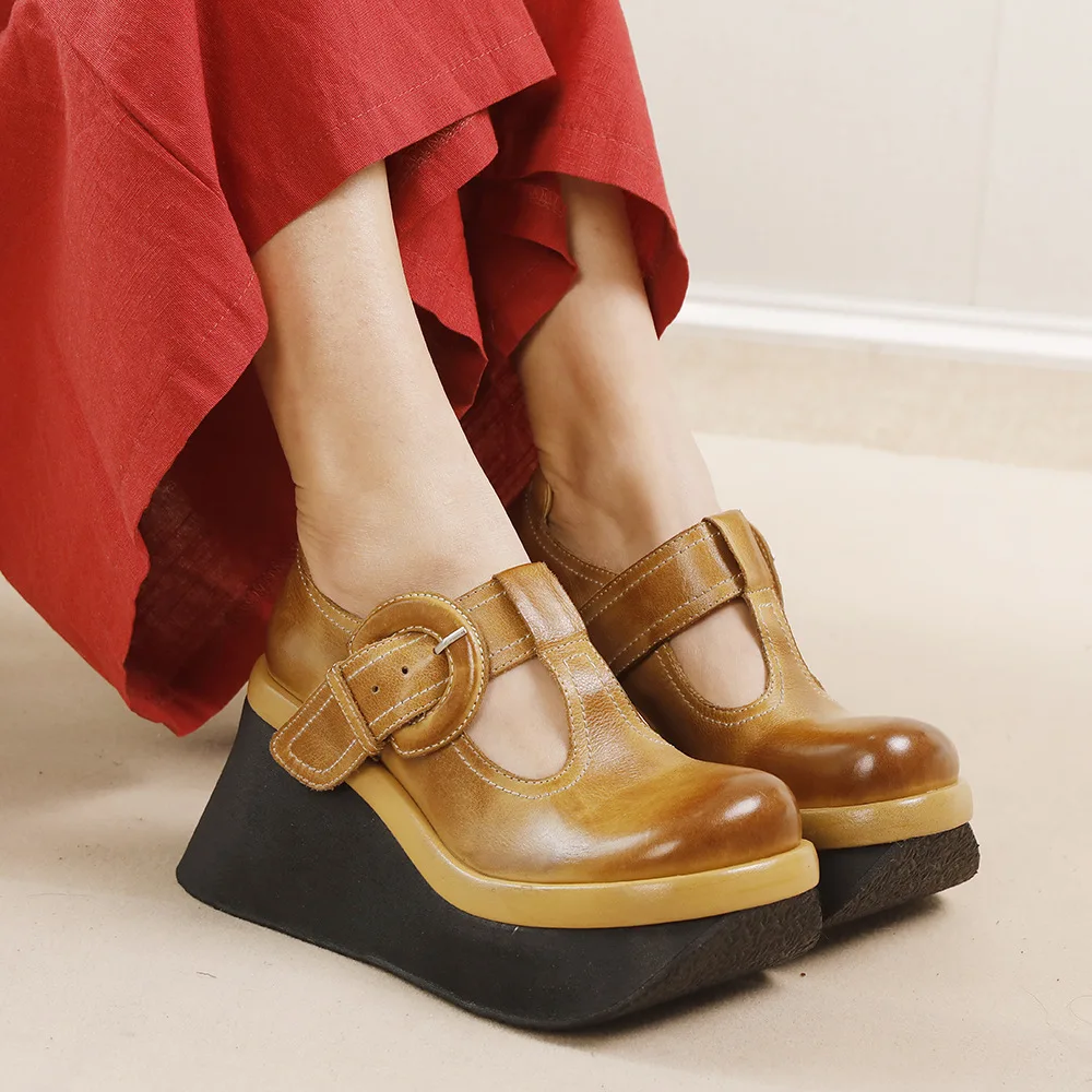 

GKTINOO 2025 Spring New Pumps Retro Thick Soled Wedges Shoes With T-shaped Buckle Genuine Leather High End Women's Shoes