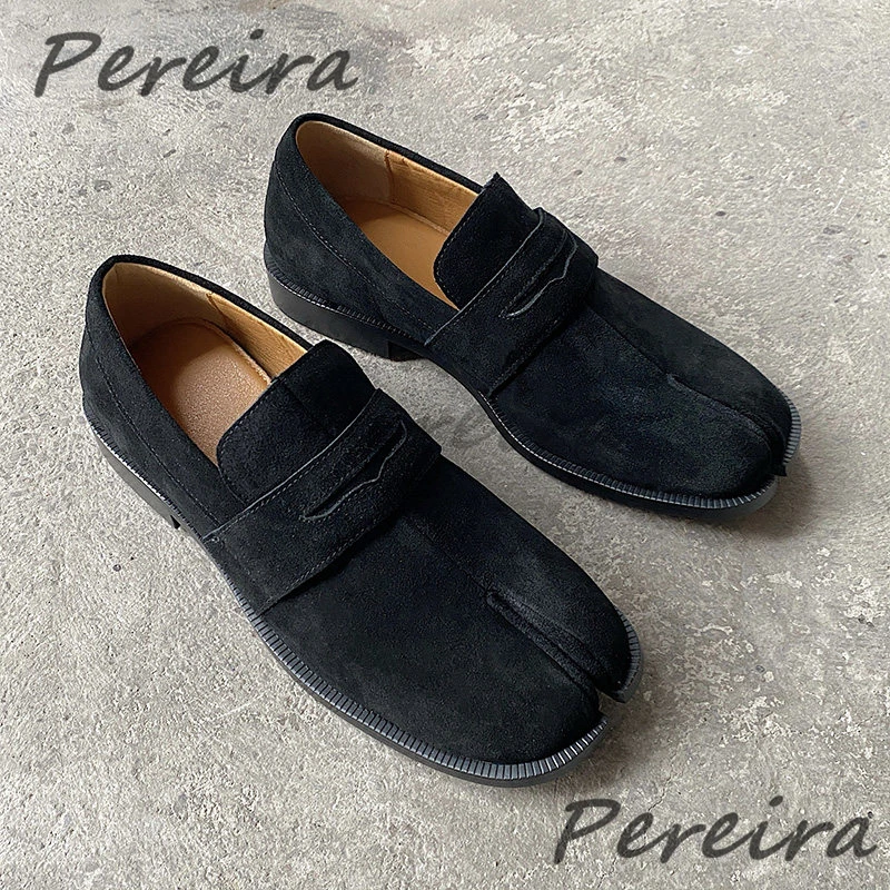 

British Style Men's Split Toe Loafers Fashion Suede Leather Slip-On Casual Business Shoes Solid Color Comfortable Walking Shoes