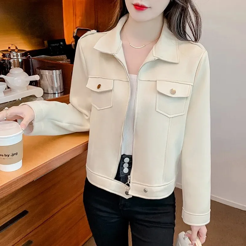 Spring Autumn Short Casual Jacket Women 2024 New Loose POLO Collar Jackets Pure Colour Coat Fashion Pocket Outerwear Female