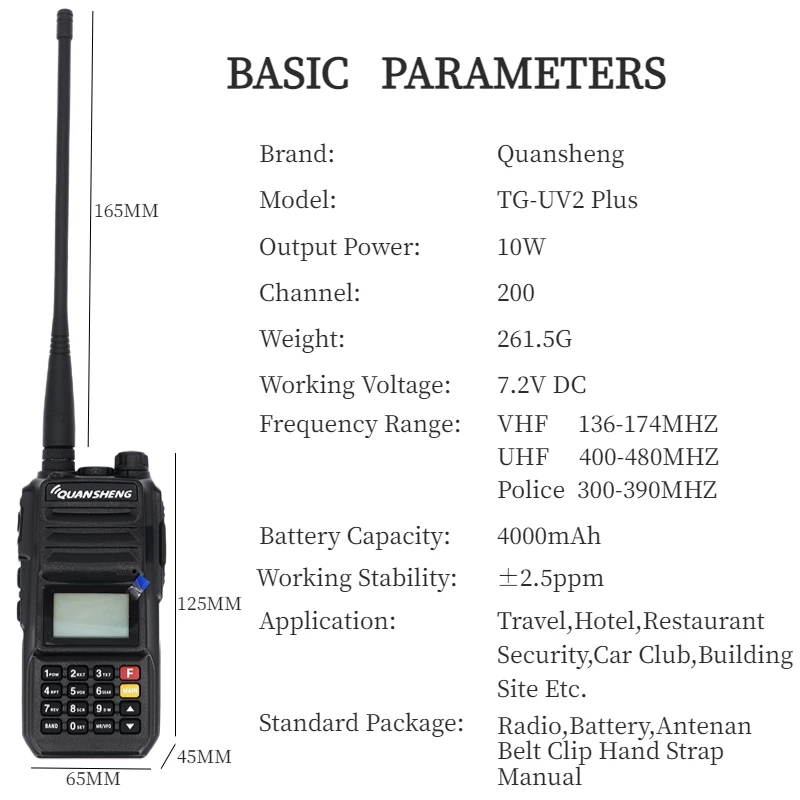 Quansheng-TGUV2PLUS High Power Walkie Talkie Ham Radio, Two Way Radio, Vhf Uhf, Dual Band Portable Radio, 10km Long Range, 200CH