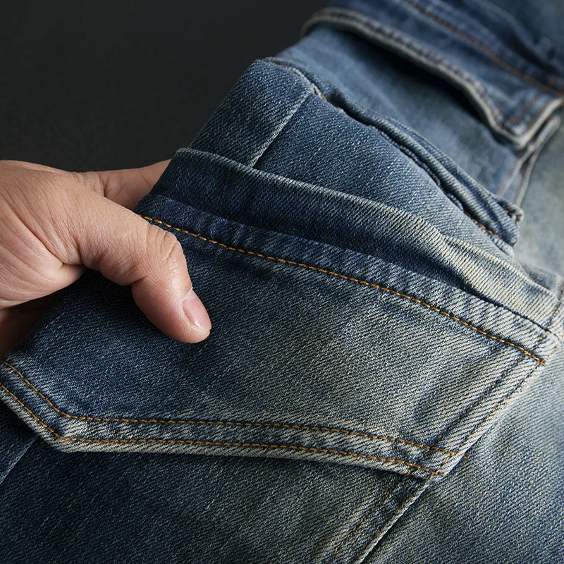 Multi pocket patchwork jeans for men, slim fit with small feet and elastic American retro high-end motorcycle riding trend pants