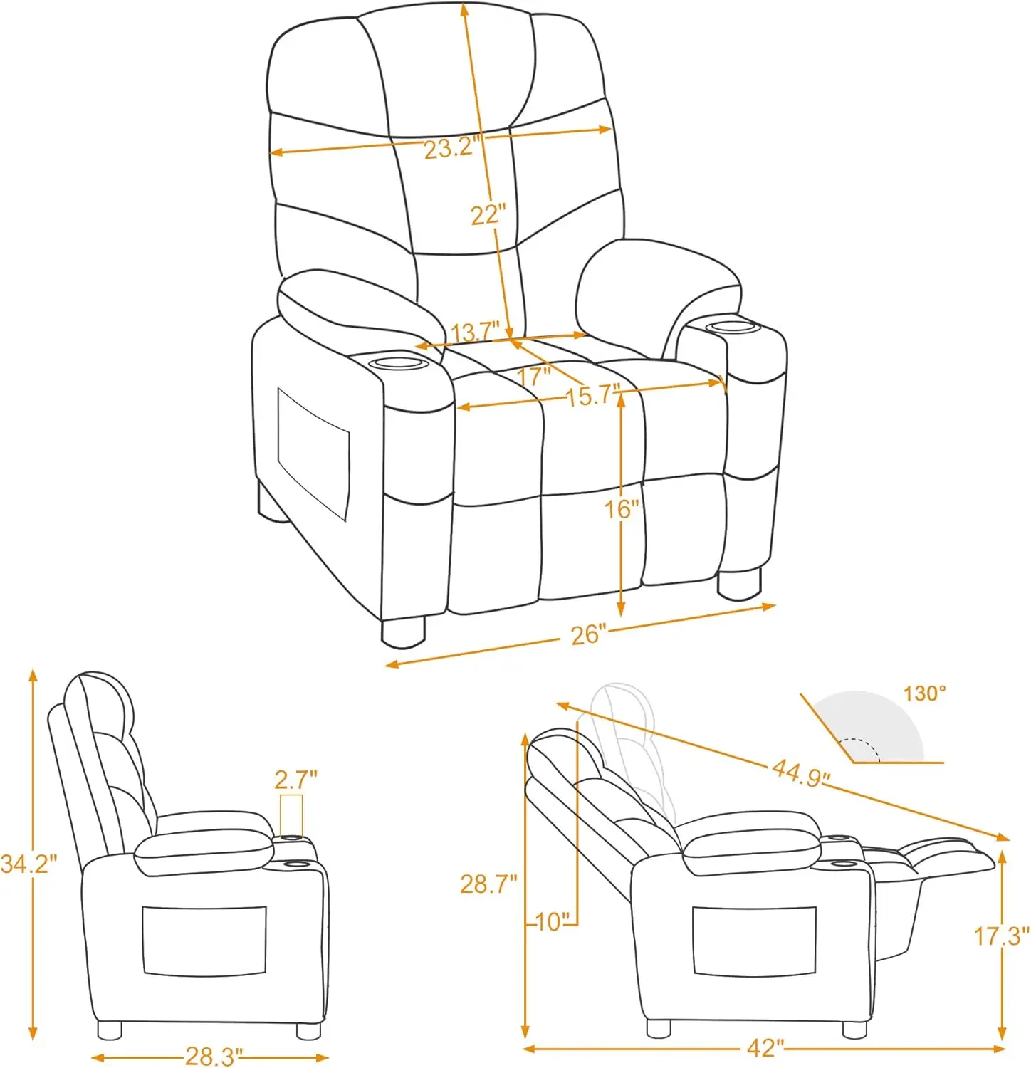 Big Kids Recliner for Ages 3+, Child Recliner Chair, Toddlers Recliner Sofa with Cup Holders, Faux Leather, 7366(Dark Bro