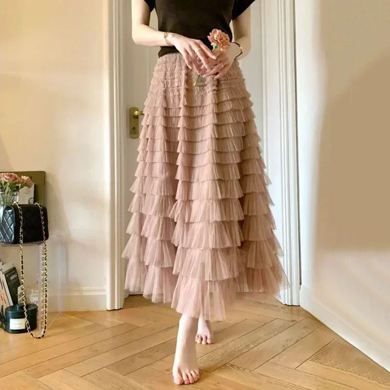 Tutu Cake  A Line Skirts Women Elegant Cascading Ruffles Long Skirts Female Casual Elastic Waist Party Lace Skirt Falda