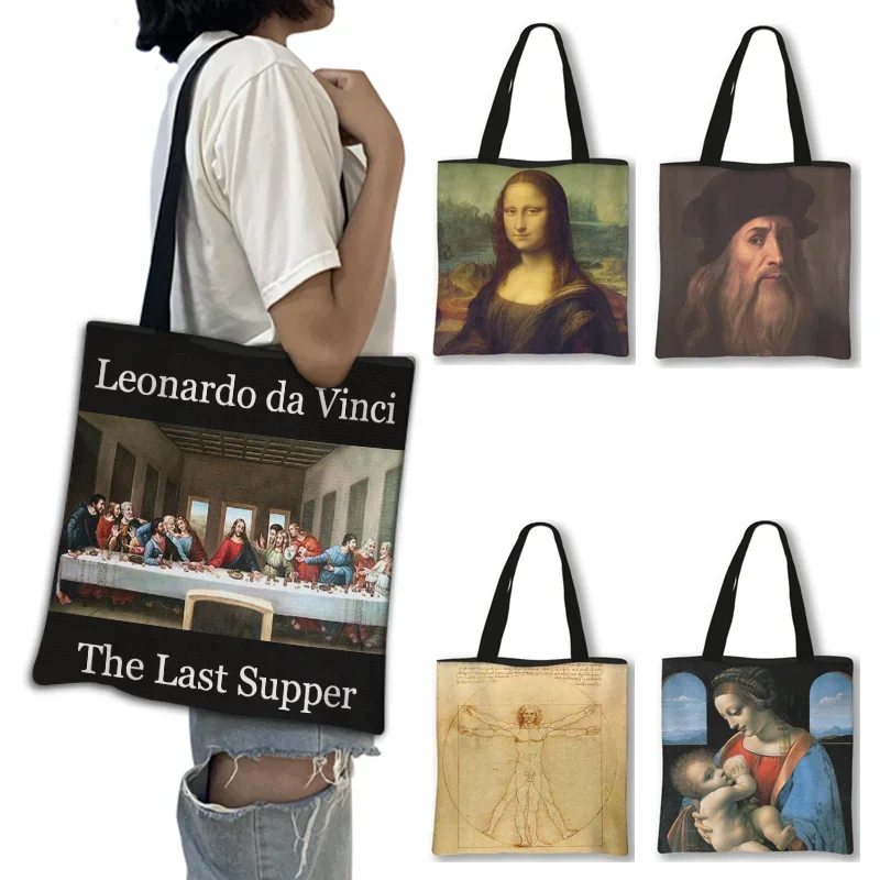 Da Vinci l\'ultima cena pittura a olio stampa Shopping Bag borsa donna Mona Lisa borsa a tracolla Vintage Tote borse Shopper riutilizzabili