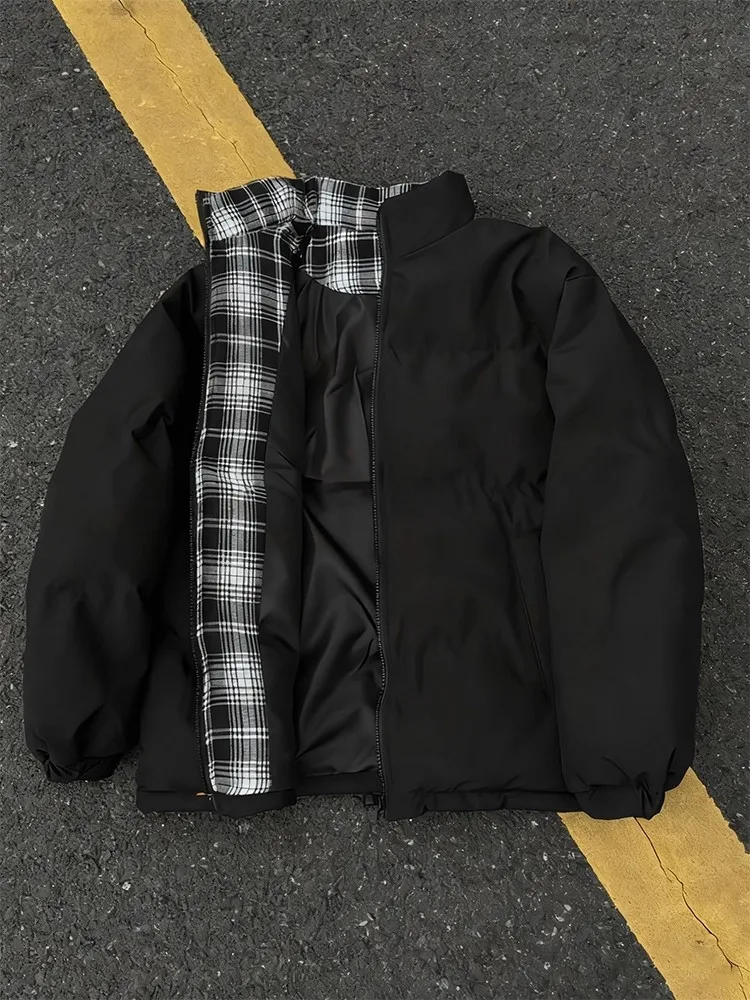 

Bla Patchwork Thiened Cotton Jaet Men's Winter Coat Stand Collar Bread Sle American Thi Cotton Clothes for Couples