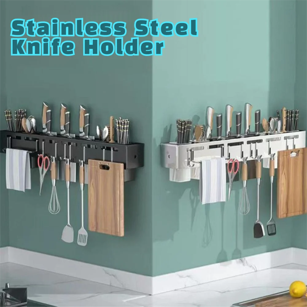 

Stainless Steel Blade Holder No Drilling Required With 8 Hooks Wall Mounted Storage Rack Chopstick Holder Kitchen Use