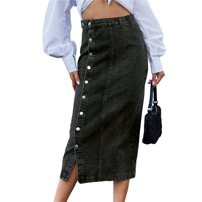 

Горячая Kf-женская повседневная джинсовая юбка миди с разрезом, эластичная джинсовая юбка с высокой талией и потертостями на пуговицах, черная L