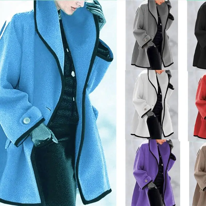 

Women's Woolen Coat Autumn Winter Hooded Contrast Color Jaet Long Sve OL Commute Sle Faionable And Sli