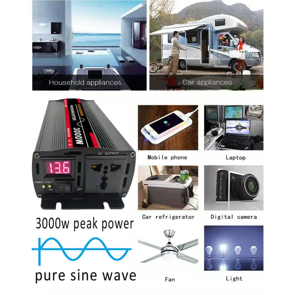 Pure Sine Wave Inverter 12000W Car Solar Inverter DC12V 24V 48V 60V To 220V Socket Transformer Power Converter Power Inverter