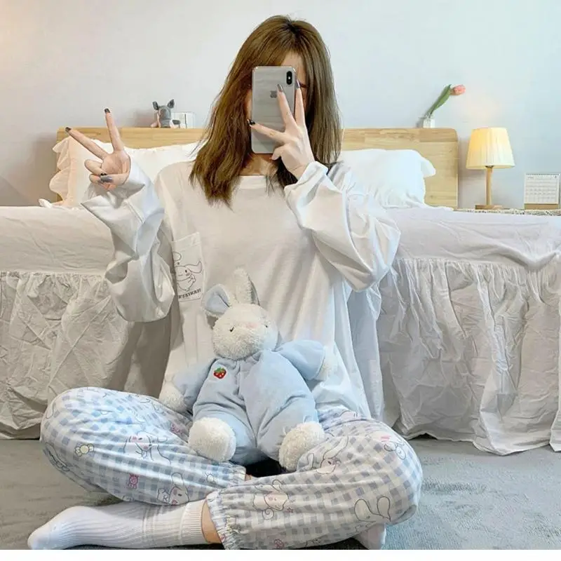 Kawaii Sanrios Cinnamoroll piżama z okrągłym dekoltem Anime śliczne dziewczyny bielizna nocna wiosna jesień Homewear Cartoon luźne długie rękawy