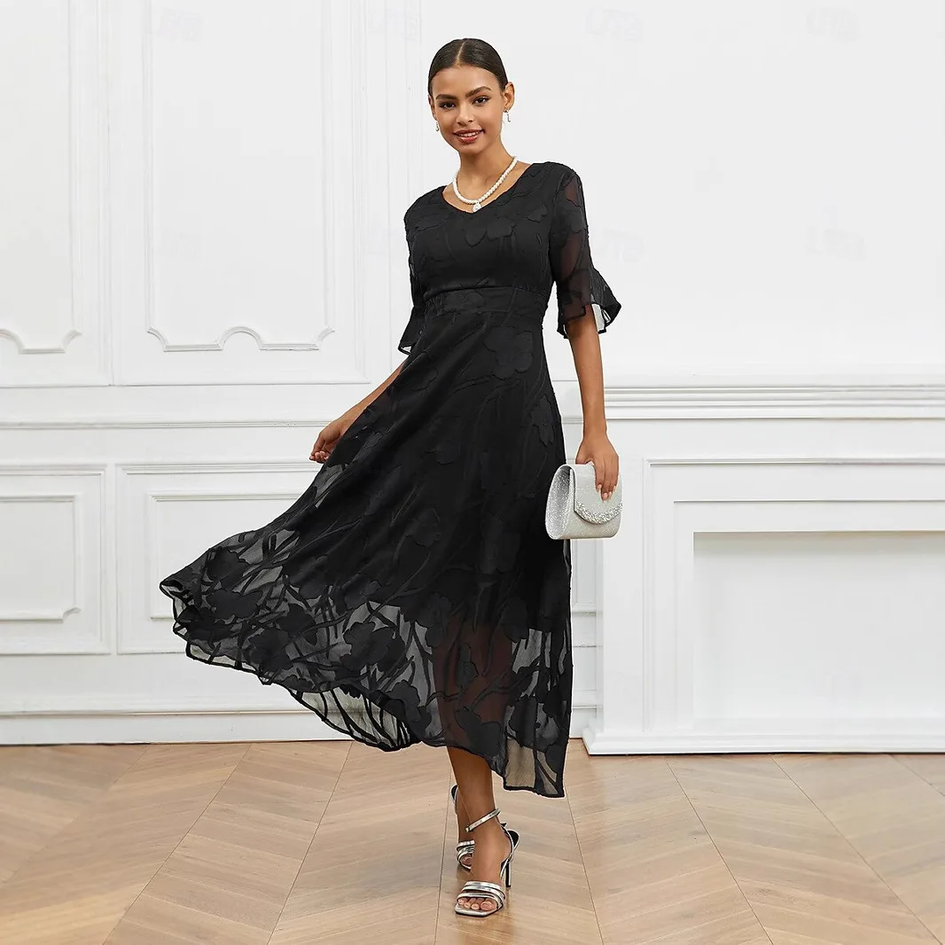

Summer Patchwork Dress Elegant V-Neck Solid Lace Short Sleeved Dresses Vintage Semi Sheer Flower Print Casual Holiday Long Dress