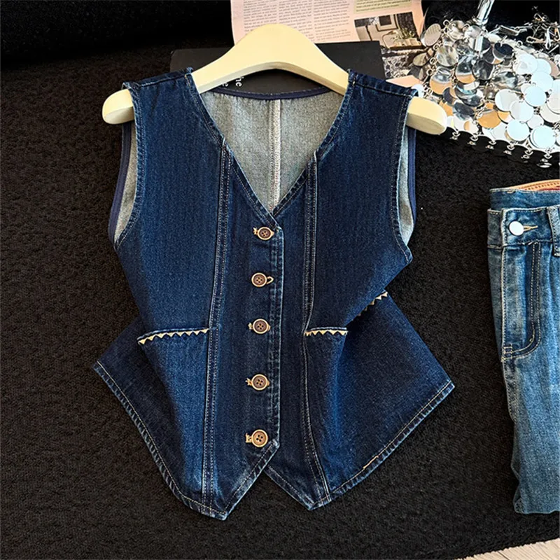 

Dark Blue Slim Short Denim Vest Spring Summer Women Sleeveless Jacket V-Neck Single-Breasted Cowboy Waistcoat Female Veste Femme