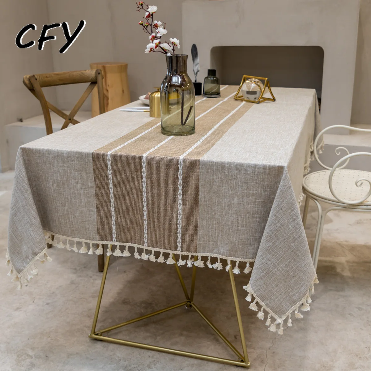 Cotton Linen European Fabric Striped with Tassel Rectangular Table Cloth Kitchen Table Map Towel Tablecloth Christmas Decoration