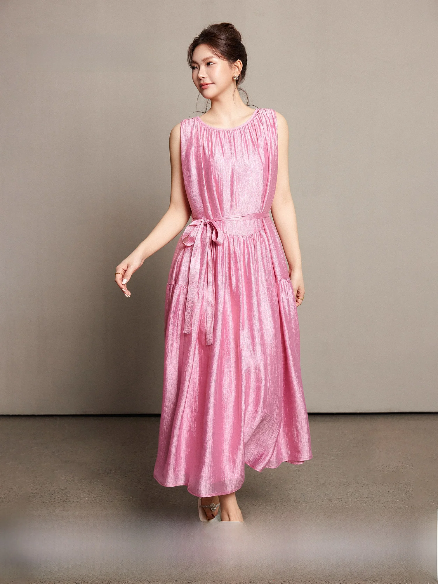 

Plusmall Pink Rose Loose round Neck Sleeveless Dress with Belt Women's Spring Summer New Style Casual High Waist A-Line Dress