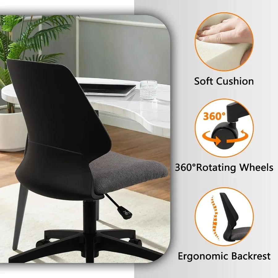 Armless Home Office Chair Ergonomic Small Desk Chair with Wheels and Soft Thick Upholstered Cushion Comfy Adjustable Height Swi