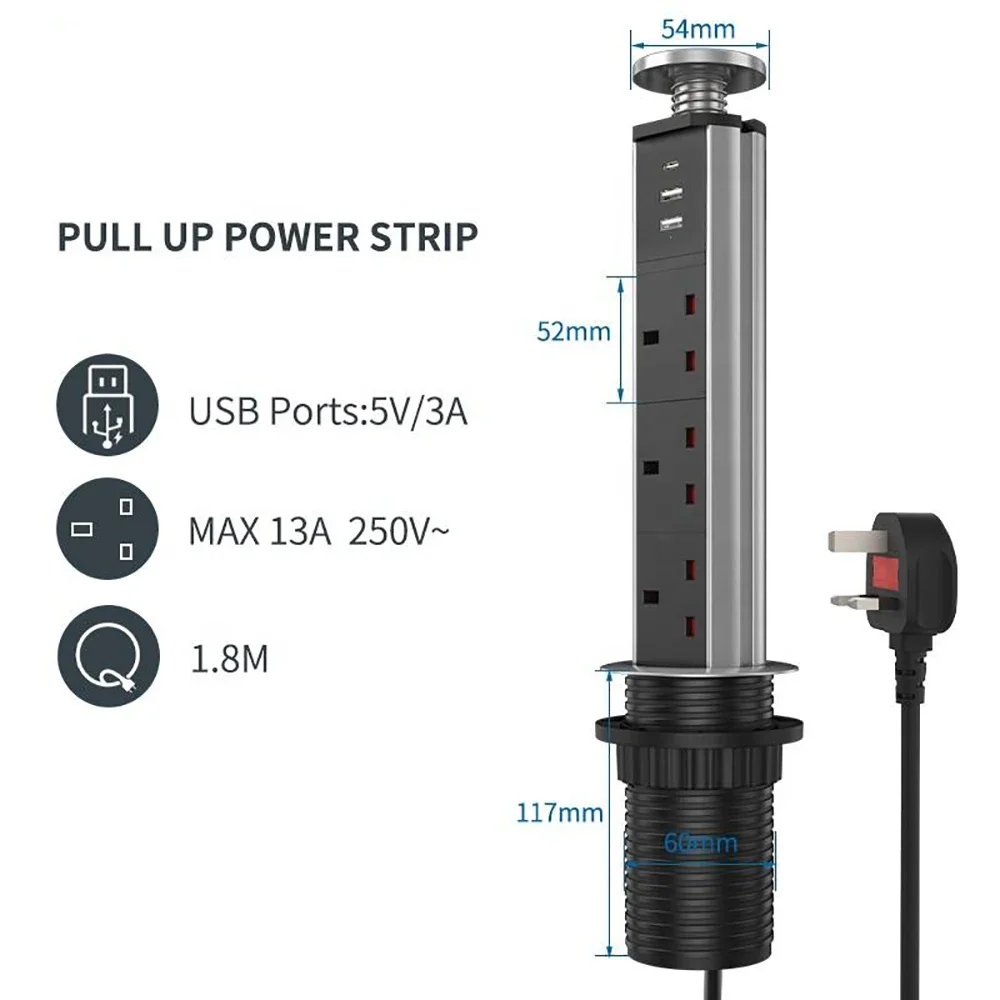 Imagem -02 - Plugue Elétrico Usb Tipo-c Tomada Pop up Tiras de Força de Tração de Mesa Oculta Extensão com Fio para Casa Mesa Escritório Cozinha uk