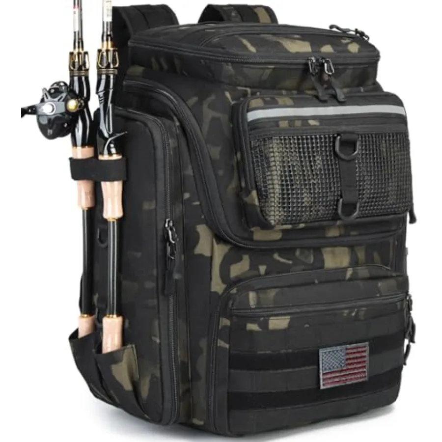 

Рыболовный рюкзак с держателями для удочек, 40 л, водонепроницаемый, черный, для мужчин, с ящиком для снастей
