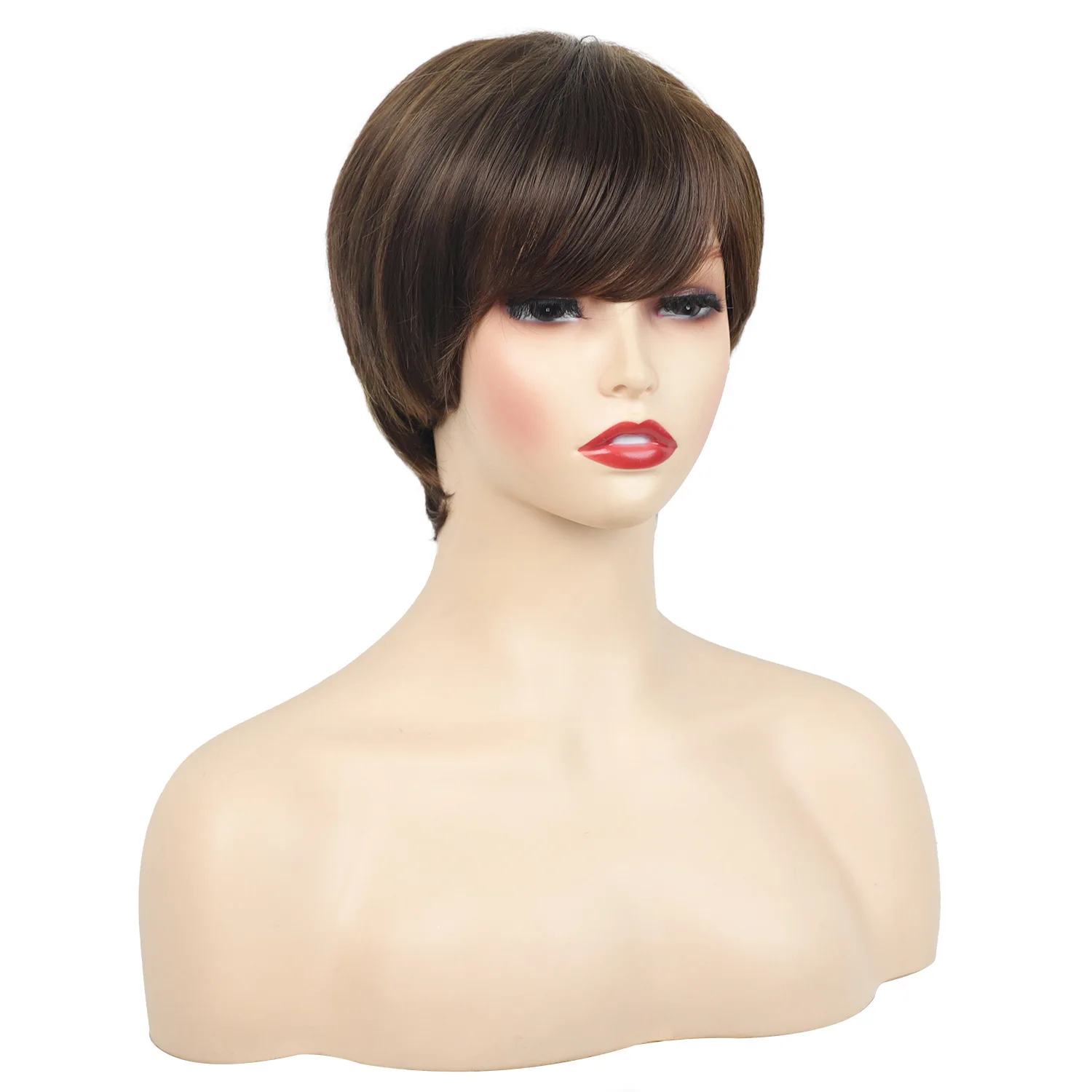 باروكة صناعية قصيرة مستقيمة بنية اللون مع غرة للنساء للحفلات التنكرية اليومية، شعر مستعار مقاوم للحرارة