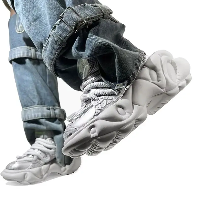 

Super Soft Thick Sole Women/men Sport Shoes Lace Up Breathable Mesh Sneaker Casual Slippers Black/silver Platform Shoes