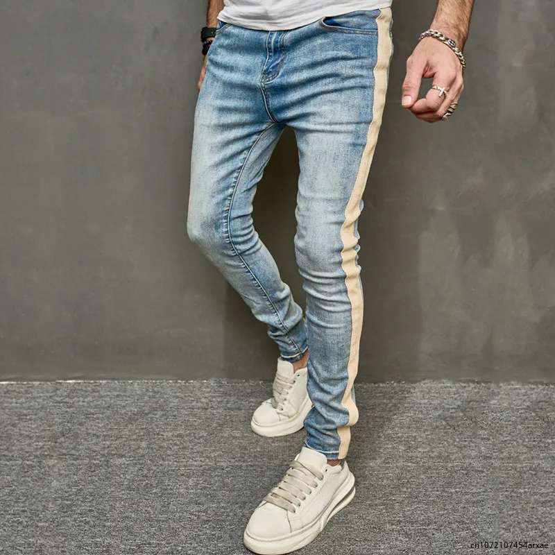 

2023 Men Spring Stylish Patchwork Slim Pencil Jeans Pants Male Streetwear Solid color Casual Denim Trousers