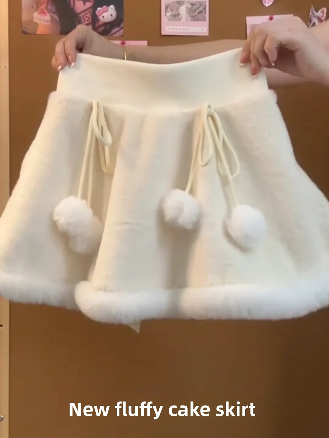 White Fluffy A-Line  Skirt with  Knot High Waist Slimming Autumn Winter Sweet Anti-Aging Versatile Women's Skirt