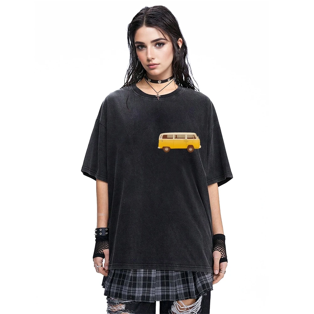 

Желтая футболка Van, состаренная черная футболка, милая желтая футболка с графикой Van, повседневная свободная футболка с короткими рукавами в стиле ретро, удобный топ для путешествий