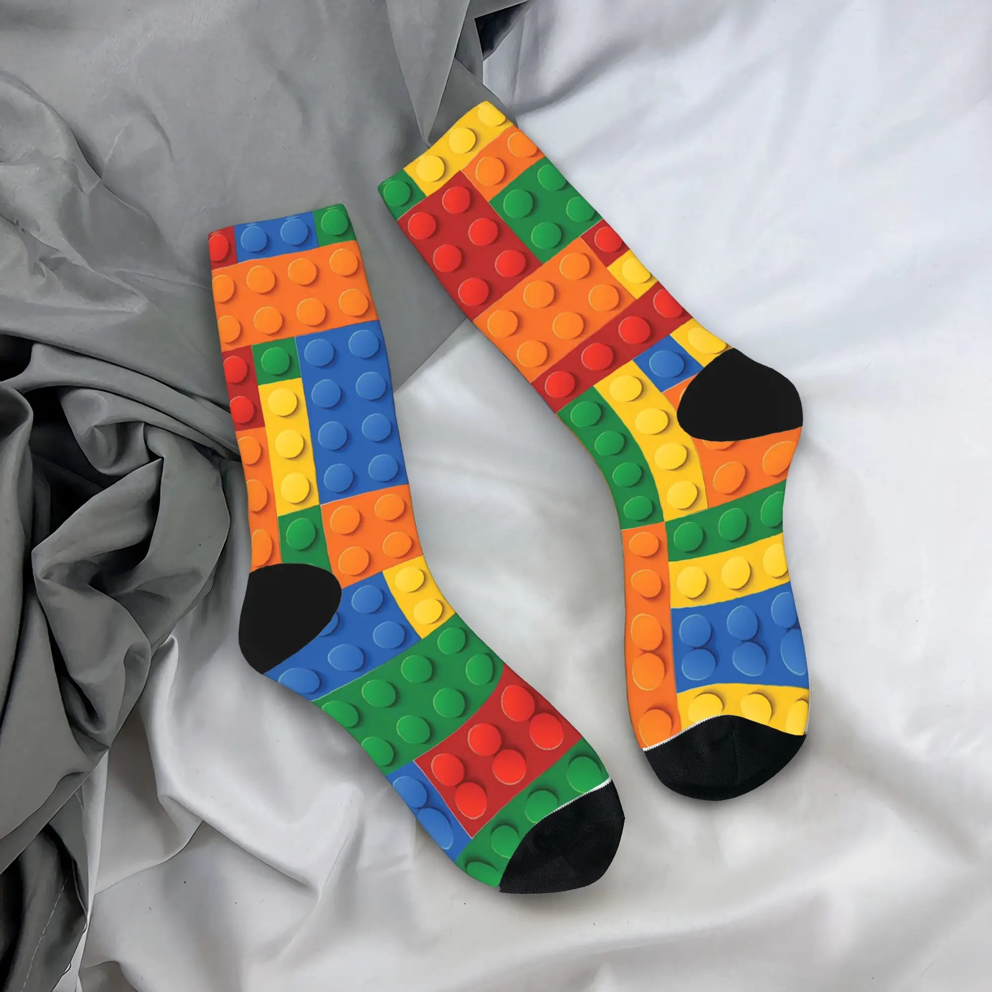 Vibrant Primary Color Building Blocks Print Socks Anti Skid Stockings Men Quality Running Socks Autumn Harajuku Graphic Socks