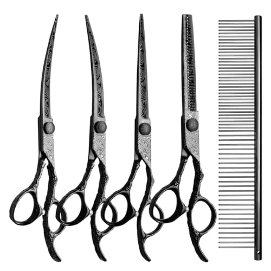 

Dog Grooming ScissorsBlack with Safety Round Tips 5 in 1 Curved Dog Scissors for Grooming Professional Pet Grooming Shears Set