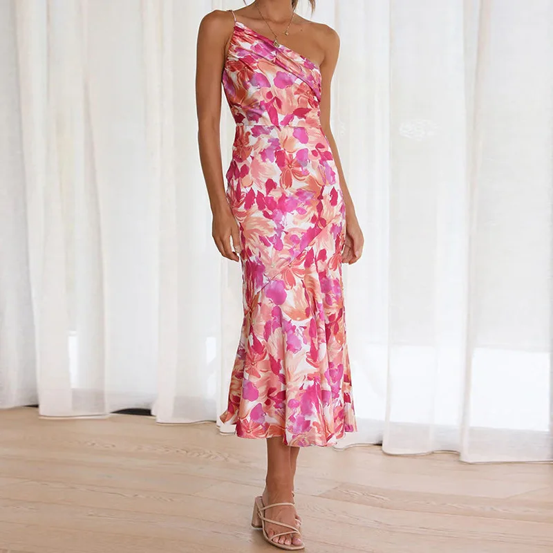 VEITCHE Sommer Elegante Frauen Schräge Schulter Lange Kleider Plissee Blumen Druck Spaghetti Backless Strape Midi Kleid Vestidos