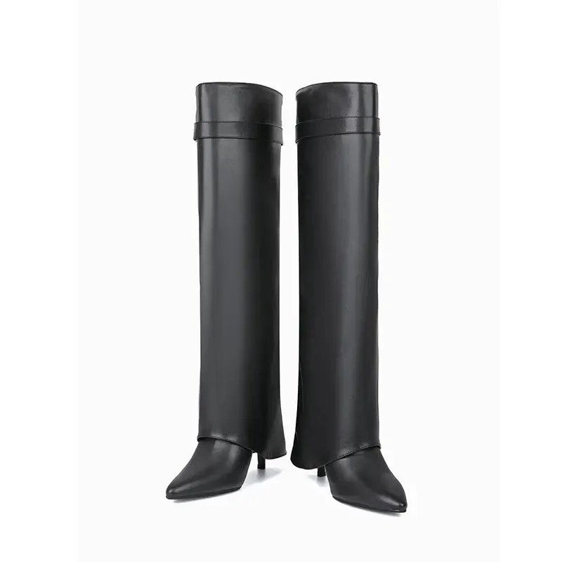 2025 Women's New High Heel Knee Length Boots with Pointed Fashion Lock Skirt Boots 34-44 Large Autumn/Winter Mid Length Boots