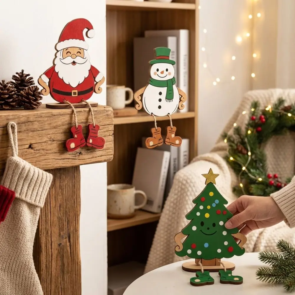 3Pcs Self Standing Santa Snowman Tree Ornament Handmade Craft Stable Base Dangling Leg Wood Figurine Cartoon Style Vintage
