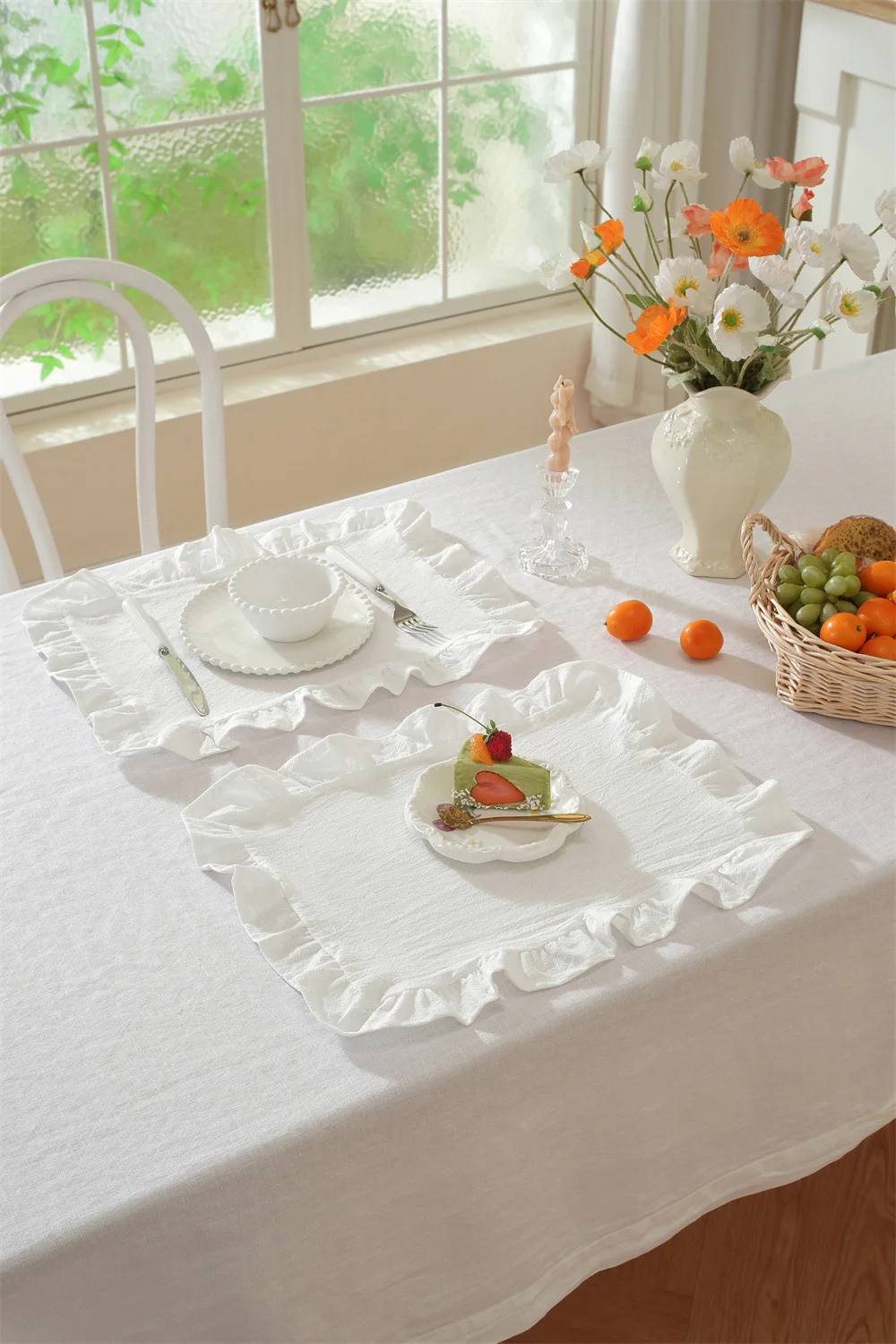 Ruffled Cotton Placemats Decorative Mats with Ruffles Retangle Table Mats for Kitchen Dining Room Wedding Party 12x18 Inch